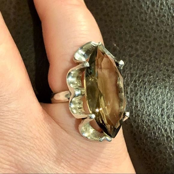 Faceted Smokey Quartz Faceted Tension Mount Vintage Sterling Silver Ring Sz 6 - Picture 2 of 16